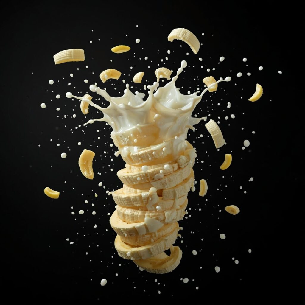 An AI generated image of a banana exploding and being liquified in a hyper real style