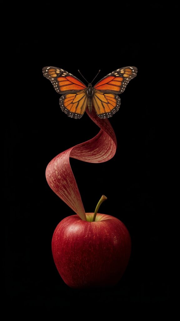 AI generated image of a butterfly coming out of an apple