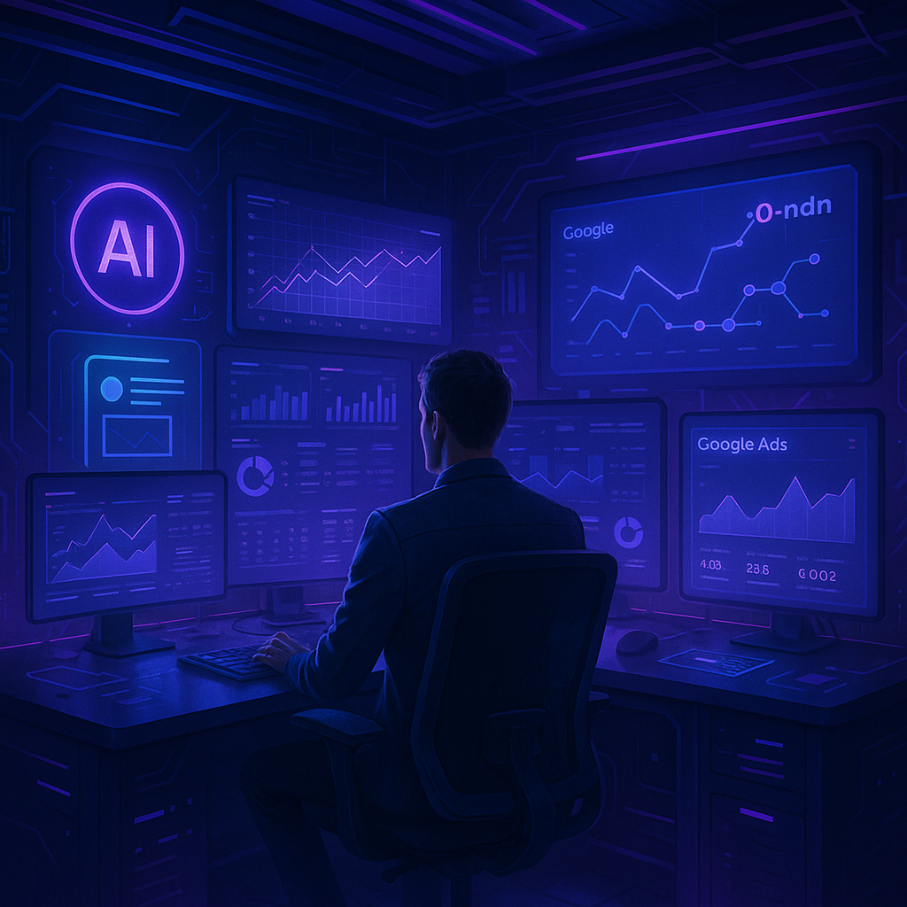 Image of a man sitting at computers writing How I Plan to Build an AI-Driven Marketing Business while looking over Google Ads and other data.